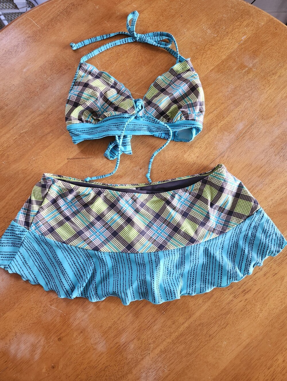 Baltex 2 Piece Plaid Swimsuit Turquoise Green Grey Skirtini, Beach, Swim, Summer